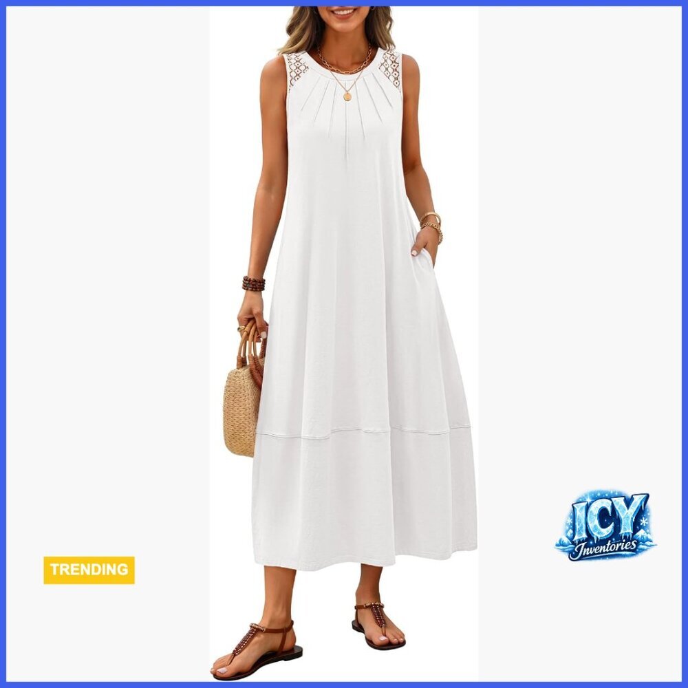 Cotton Maxi Dress with Lace Trim, Sleeveless Boho Summer Sundress